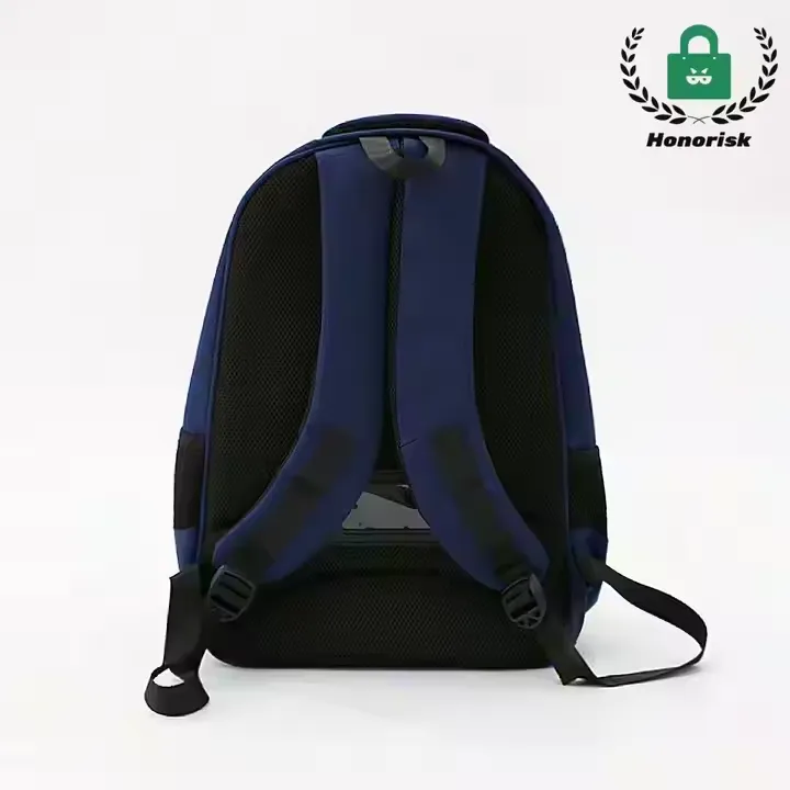 Custom logo backpack shown in dark blue with a sample logo