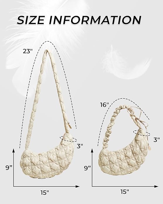 Ҡабарынҡы стеганый кроссбоди сумка кейелгән өҫтөндә елкә, уның идеаль ҙурлығын һәм стилен күрһәтеү.