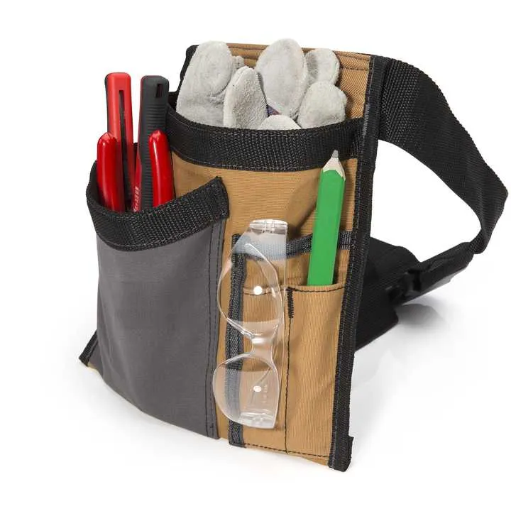 Close-up view of the Electrician's Canvas Tool Belt in use, showing tools neatly organized in various pockets.