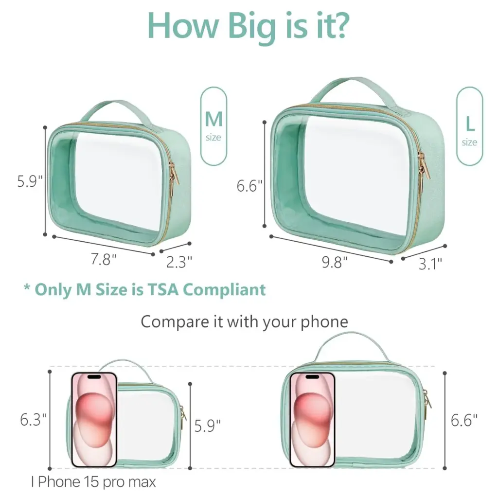 Clear PVC makeup bag showing various cosmetics inside on a table