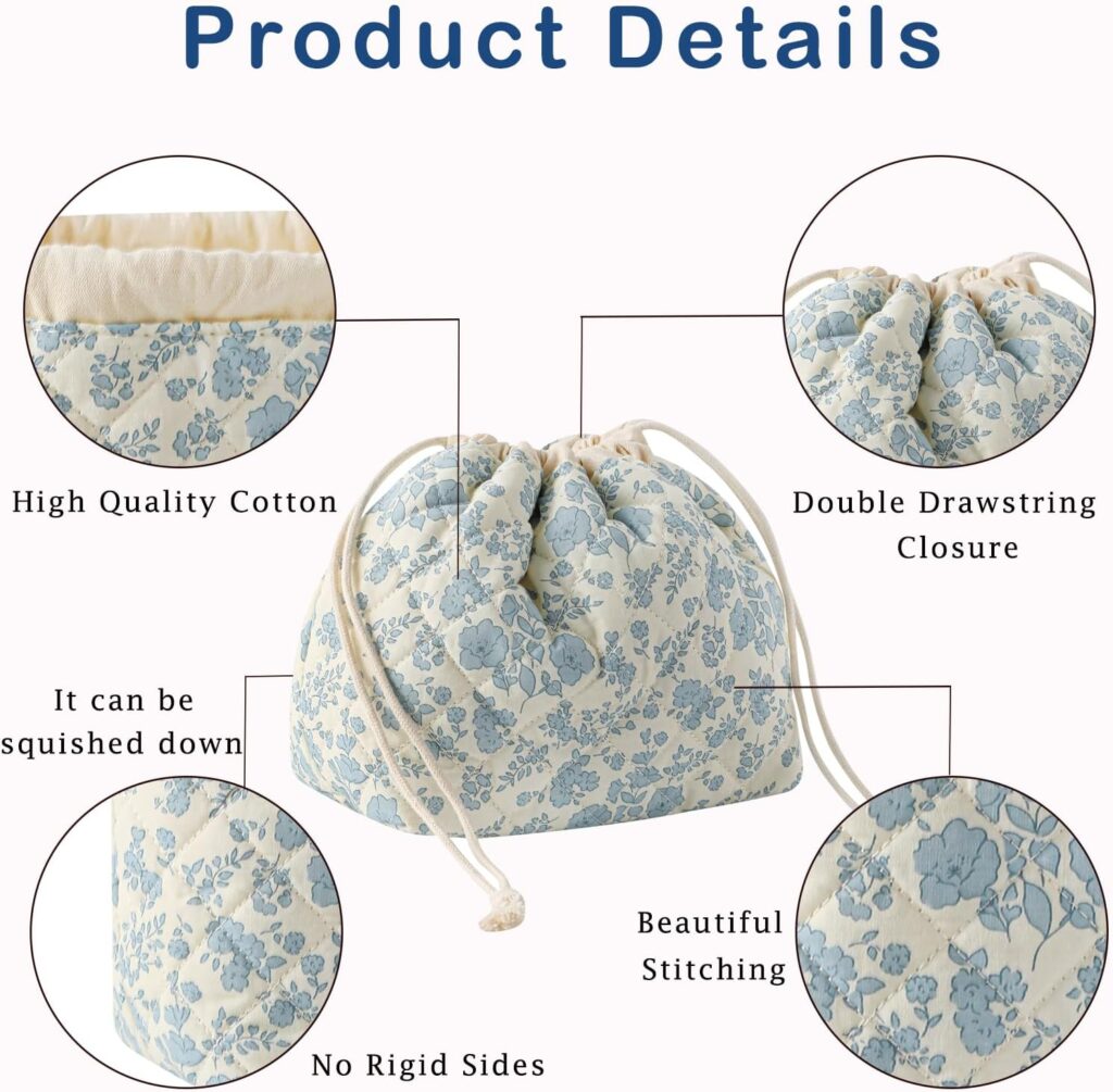 Cotton drawstring toiletry bag in a light blue floral pattern, hanging from a hook.