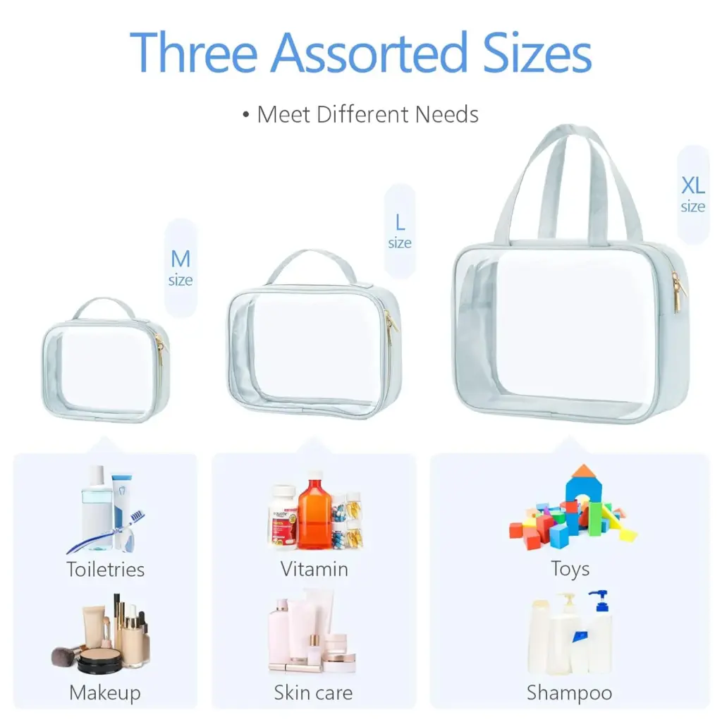 Top-down view of the open makeup bag, fully organized