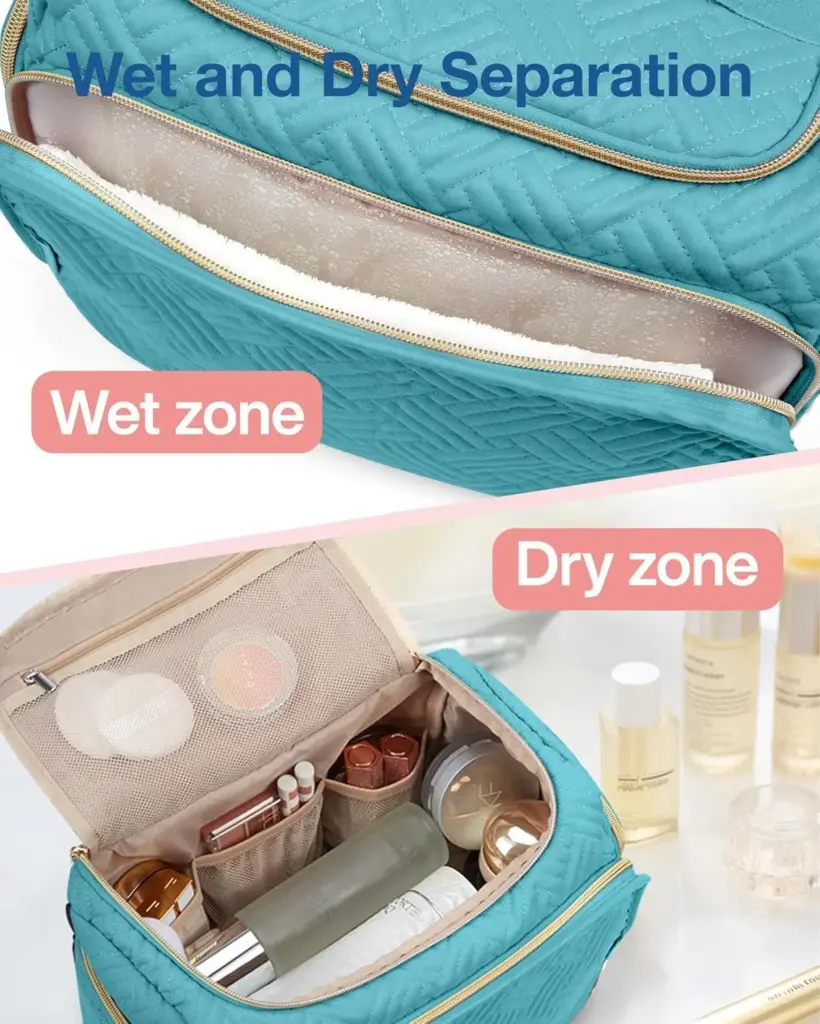 నీలిరంగు కాస్మెటిక్ బ్యాగ్ నిటారుగా నిలబడి ఉంది, బాహ్య రూపకల్పనను చూపుతోంది