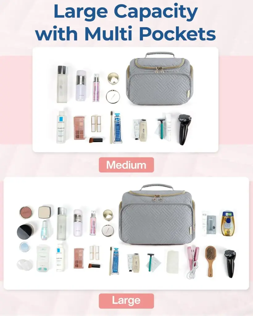 ఓపెన్ గ్రే మేకప్ బ్యాగ్ బ్రష్‌లు మరియు బాటిళ్లతో ఆర్గనైజ్డ్ ఇంటీరియర్‌ని చూపుతుంది