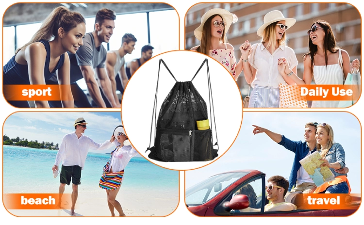 Close-up detail of the backpack's mesh fabric and drawstring