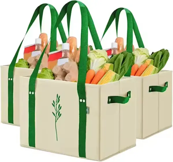 Tres bolsas de compras de picnic no tejidas de gran capacidad llenas de supermercados variados, incluyendo verduras frescas y pan.