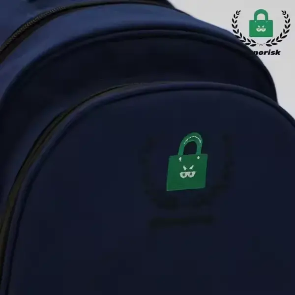 A navy blue Customizable Logo Backpack with a front pocket displaying a green shopping bag wearing sunglasses logo.
