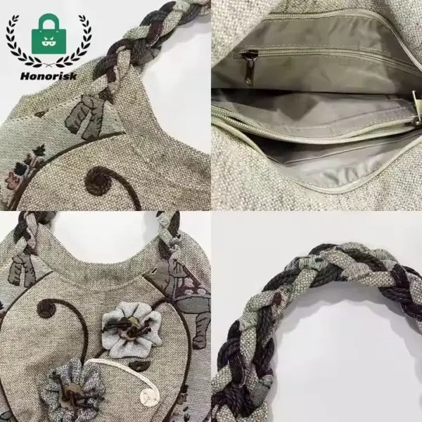 Collage of the New Design Fashion Canvas Tote with Embroidery, featuring floral details, a braided handle, and a zippered inner pocket.