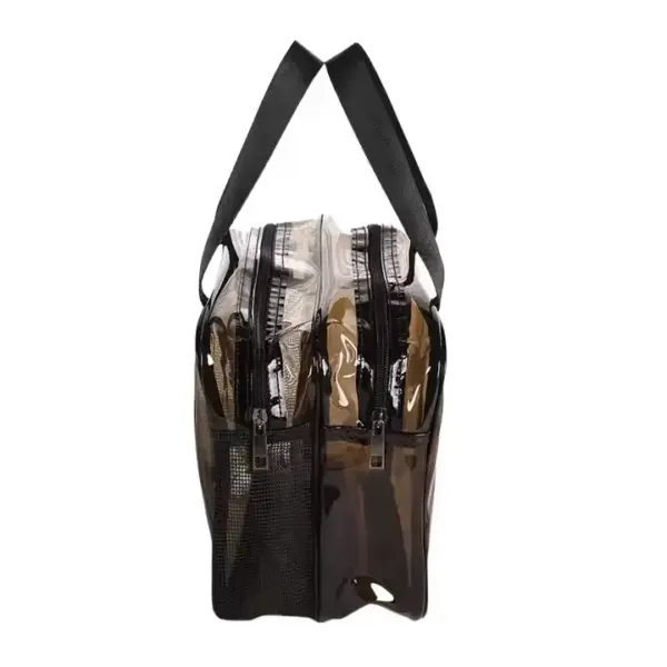 Side view of the Black Transparent Toiletry Bag featuring black trim, black handles, and multiple zippered compartments.