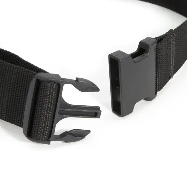 Close-up of the Electrician/Repairer's Canvas Tool Pouch Belt featuring a black nylon strap and an OEM ODM plastic side-release buckle, shown unclasped.