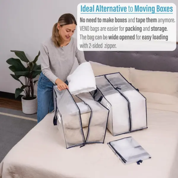 Fra Packt d'Bettbedeckung an eng grouss transparent Kleedungsspäichergeschäft op engem Bett, mat Text Highlight et als OEM ODM Alternativ fir traditionell beweegt Boxen.