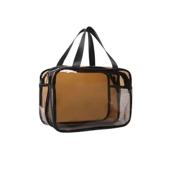 Black Transparent Toiletry Bag with black handles and mesh side pocket, available for OEM and ODM customization, shown on a white background.