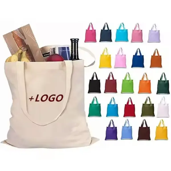 A Custom Logo Canvas Tote Bag in white holds groceries and a bottle, with 24 vibrant tote bags displayed on the right.