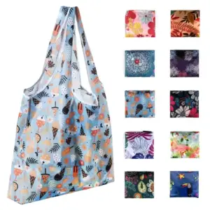 Foldable & Washable Polyester Shopping Tote, shown with 12 compact bags in assorted floral and abstract patterns; ideal for OEM and ODM orders.