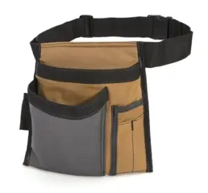 Electrician/Repairer's Canvas Tool Pouch Belt in brown and gray, Med flera fickor och en justerbar svart rem.