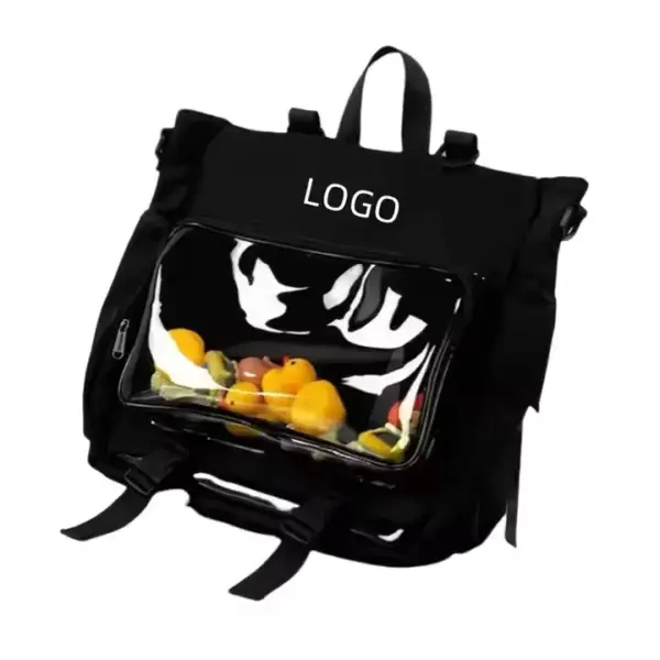 The Backpack with Transparent Compartment features a clear front pocket displaying fruit and "LOGO" នៅលើលឺផ្លឹប on. អាចរកបានសម្រាប់ការប្តូរតាមបំណង OEM / អូឌីអឹមធីដើម្បីផ្គូផ្គងតម្រូវការម៉ាករបស់អ្នក.