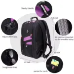 Il-backpack tal-vjaġġatur b'ħafna kompartimenti ta 'Oxford f'karatteristiċi suwed u vjola bit-tikketta taċ-ċineg, bwiet multipli, manku b'saħħtu, u ċineg ta 'l-ispalla mtaffija bl-arja.
