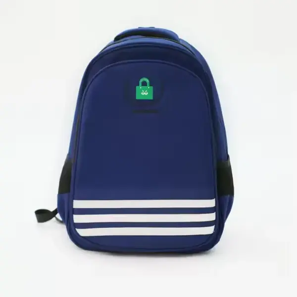 Customizable Logo Backpack featuring blue color with white bottom stripes and a green lock icon on the front, shown against a white background. OEM and ODM customization options available.