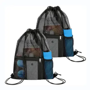 Two Portable Mesh Drawstring Backpacks in black, each with a water bottle and items in front pockets—ideal for OEM or ODM customization.