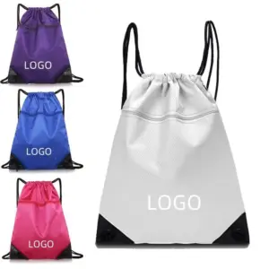 Four Basketball Court Waterproof Polyester Drawstring Backpacks in purple, blue, pink, and white with "LOGO" on the front—perfect for OEM and ODM customization.