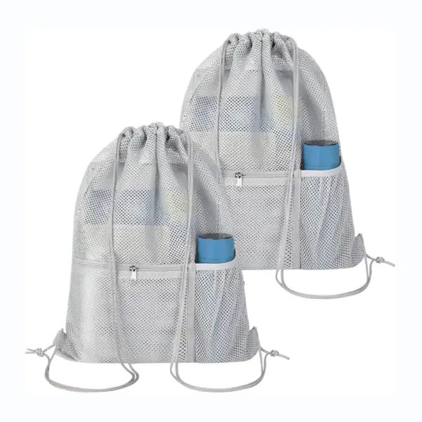 Two gray Portable Mesh Drawstring Backpacks feature front zippered pockets and side mesh pockets, each holding a blue water bottle.