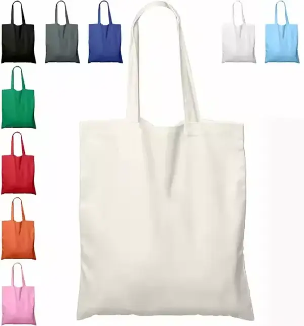 A Custom Logo Canvas Tote Bag in white is centered, surrounded by smaller OEM ODM tote bags in assorted colors, all displayed on a white background.