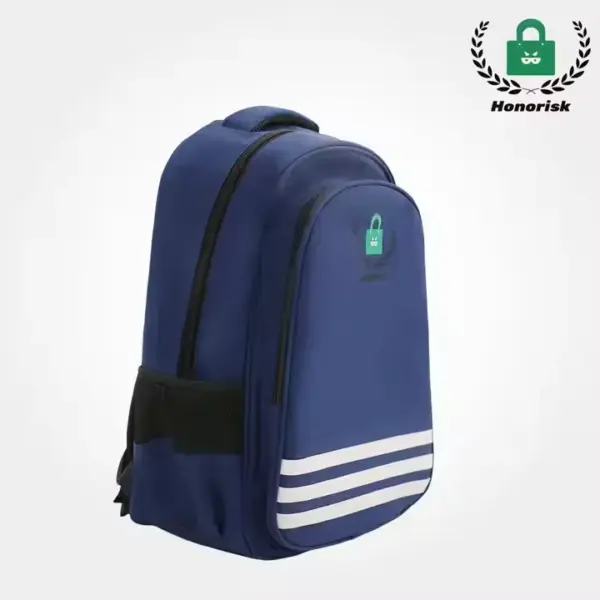 The Customizable Logo Backpack features blue fabric, white stripes, a side pocket, and displays the Honorisk logo in the top right corner. OEM and ODM options are available to customize it for your brand.