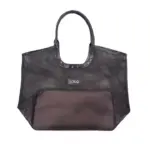 Tote mesh hitam dengan kantung kulit yang boleh dilepaskan, pemegang hitam pepejal, poket depan, and subtle "LOGO" label. OEM & ODM customization available to match your brand's needs.