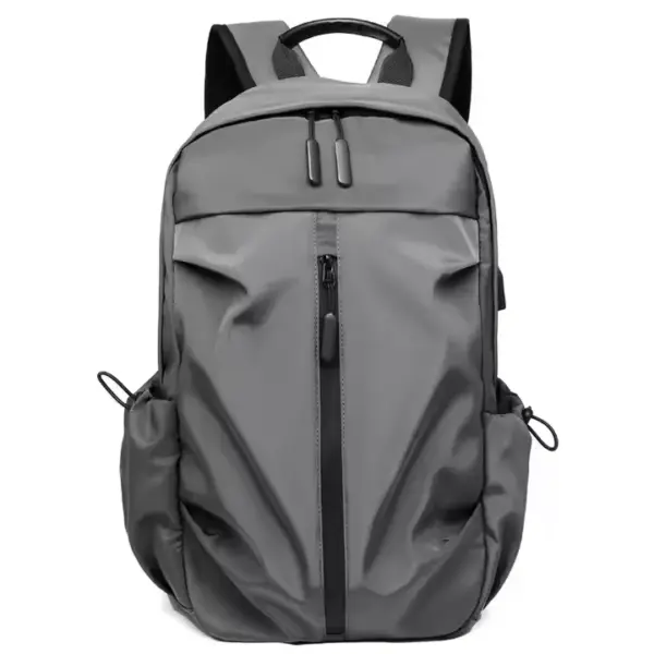 The Waterproof Nylon Student Backpack features a gray design with front and side pockets, black zippers, and padded shoulder straps.