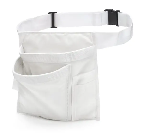 Electrician/Repairer's Canvas Tool Pouch Belt in white, featuring multiple pockets, adjustable strap, and plastic buckle; perfect for OEM/ODM customization needs. Displayed on a white background.