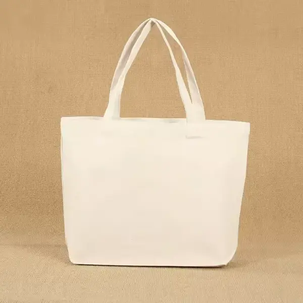 A Custom Logo Canvas Tote Bag with handles is shown against a textured beige background.