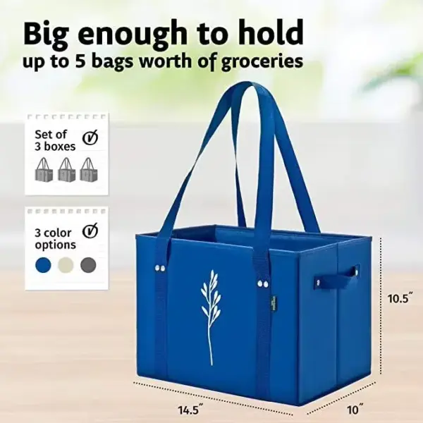 Bolsa de compras de picnic no tejida de gran capacidad con manijas, aguanta 5 bolsas de comestibles, size 14.5"x10"x10.5". Marca personalizada OEM y ODM disponible.