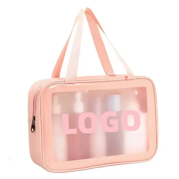 PVC Transparent Toiletry Bag sa Pink, featuring bottles inside and "LOGO" Sa atubangan sa bintana; Anaa alang sa OEM ug ODM CUSTOKIZATION.