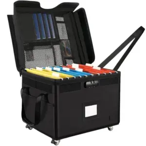 Fireproof and waterproof large-capacity document and book storage bag with wheels and combination lock open, showing organized colorful hanging folders and mesh pockets with items—ideal for OEM ODM needs.