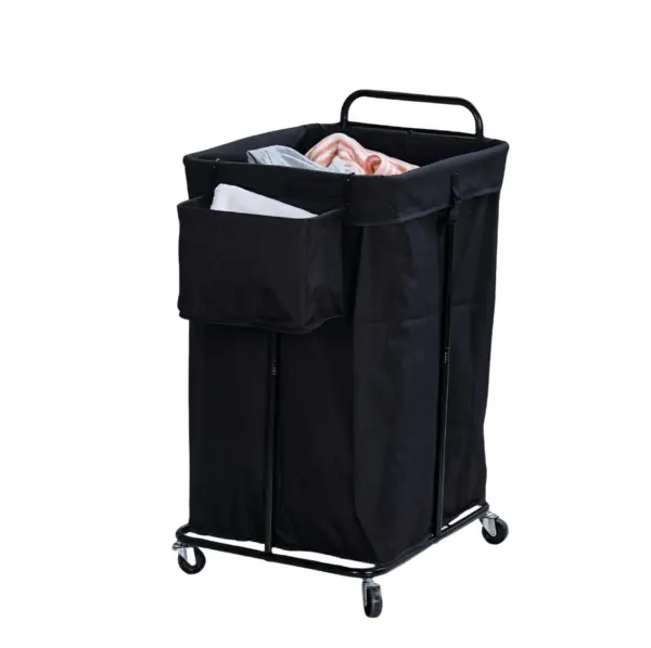 The Hotel-Style Wheeled Laundry Hamper features a side pocket and is ideal for holding folded clothes and linens, designed for OEM/ODM needs.