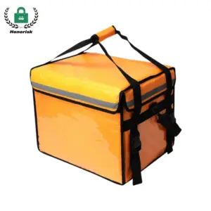 The Insulated Waterproof Food Delivery Bag with Handles & Strap is shown on a white background; it features bright orange color, black straps, a reflective strip, and is available for OEM and ODM orders.