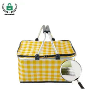 New Design Insulated Picnic Tote with yellow and white checks, sturdy handles, and a silver insulated lining—ideal for OEM ODM customization.
