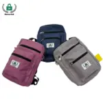 Tre borse per la vita in tela con cerniera (OEM ODM) in viola, blu, e grigio con loghi Honorisk visualizzati su uno sfondo bianco.