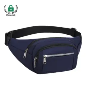The Minimalist 3-Compartment Sports Waist Pack features a navy blue design, three zippered pockets, an adjustable black strap, and is available for OEM/ODM customization.