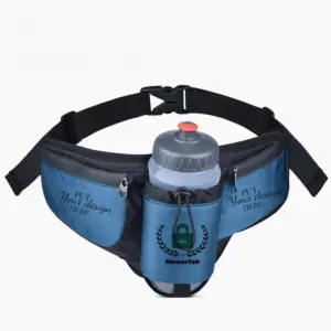 Nylon Sports Belt with Bottle Holder features zippered pockets and an adjustable black strap. OEM and ODM options available for custom branding. Shown on a white background.