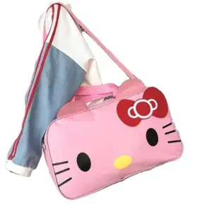 Cute Cat-Themed Women's Travel Bag in pink with a red bow, shown on a white and blue jacket. Custom designs available with OEM and ODM options.