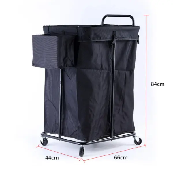 Hotel-Style Wheeled Laundry Hamper with side pocket, sturdy metal frame, and 84x66x44 cm size. OEM and ODM services offered for custom solutions.