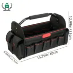 Die tas met 'n groot kapasiteit van die multi-kompartement het 'n handvatsel, verskeie sakke, OEM/ODM -opsies, en duidelik gemerkte afmetings van 40 cm x 22,5 cm x 33 cm.