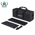 የውሃ መከላከያ ትልቅ የአቅም ካሜራ ድጋፍ & የብርሃን መቆሚያ በጥቁር ቦርሳ ይያዙ, ከጭንቀት ጋር ታይቷል, ፓድ, እና በነጭ ዳራ ላይ ለ OMIM ወይም ለኦዲኤም ማበጀት በነጭ ዳራ ላይ ትንሽ ኪስ.