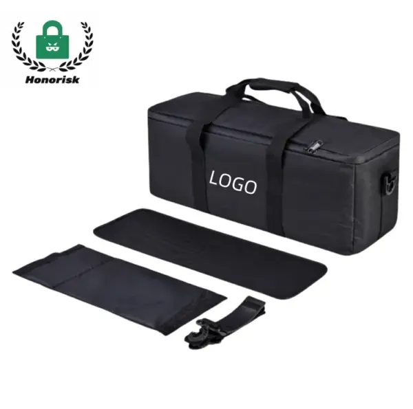 Waterproof Large Capacity Camera Support & Light Stand Carry Bag in black, displayed with strap, pad, and small pouch on a white background—perfect for OEM or ODM customization.