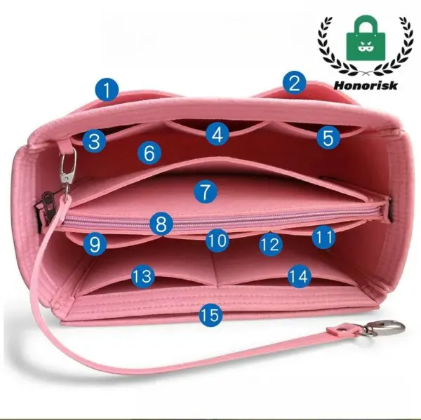 Waterproof Multi-Compartment Toiletry Bag in pink, features 15 numbered sections, shown open with a wrist strap and Honorisk logo. Perfect for OEM/ODM customization to match your brand requirements.