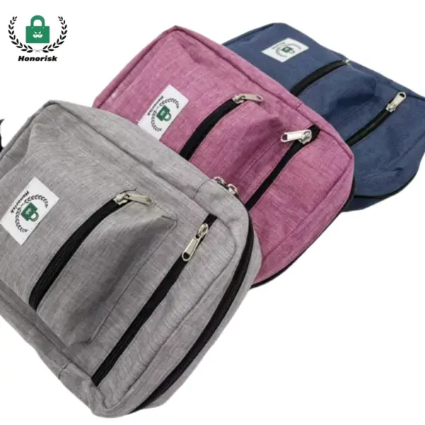 Tliet pakketti tal-qadd tal-kanvas biż-żippijiet / basktijiet crossbody bil-garżi tal-logo honorisk huma murija bil-griż, roża, u blu - ideali għall-personalizzazzjoni OEM jew ODM.