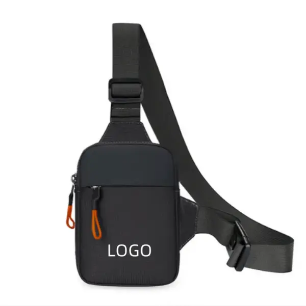 Beg crossbody laras minimalis yang memaparkan reka bentuk hitam, Tarik zip oren, Tali laras, and "LOGO" Di poket depan. Penyesuaian OEM/ODM tersedia untuk memenuhi keperluan jenama anda.