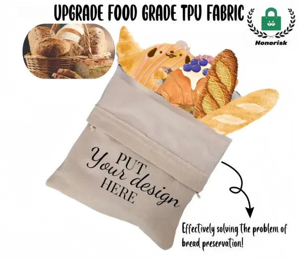 A Cotton Bread Drawstring Shopping Bag labeled "Put Your Design Here," filled with assorted breads, made of food-grade TPU fabric and supporting OEM/ODM customization.