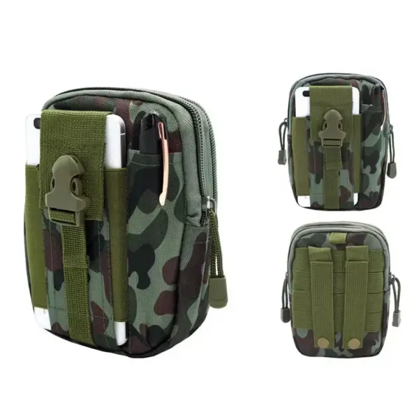 সামনের এবং পিছন থেকে দেখানো সবুজ ক্যামোফ্লেজে হাইকিংয়ের জন্য বহিরঙ্গন কৌশলগত কোমর প্যাক, সামনের পকেটে ফোন এবং কলম প্রদর্শন করা হচ্ছে. OEM/ODM কাস্টমাইজেশন ব্যক্তিগতকৃত বৈশিষ্ট্য এবং ব্র্যান্ডিংয়ের জন্য উপলব্ধ.